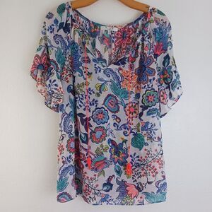 Milly Design Nation Bright Semi Sheer Floral Top L